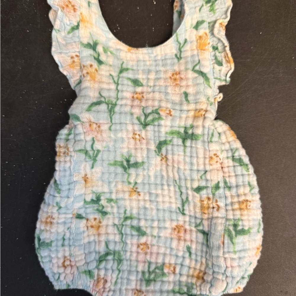 Angel Dear Blue/Ivory Magnolias Cotton Gauze Sunsuit-6-12 Month